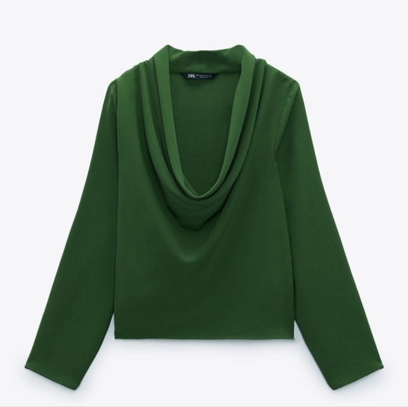 Zara Flowy Neckline Blouse Draped Ruffled Cowl Neck Kelly Green Top Medium Boxy - Picture 1 of 12